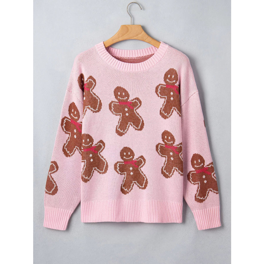 Gingerbread Pattern Round Neck Long Sleeve Shift Sweater Apparel and Accessories
