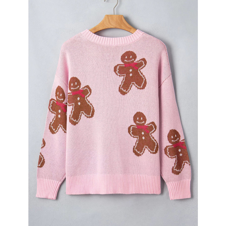 Gingerbread Pattern Round Neck Long Sleeve Shift Sweater Apparel and Accessories