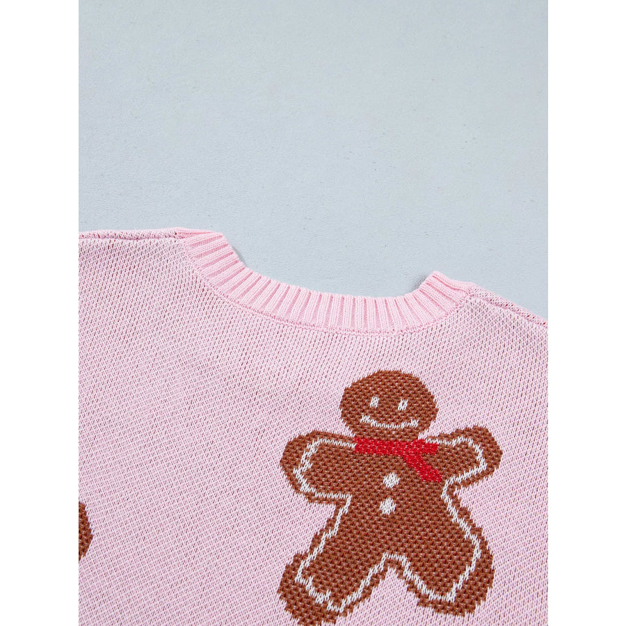 Gingerbread Pattern Round Neck Long Sleeve Shift Sweater Apparel and Accessories