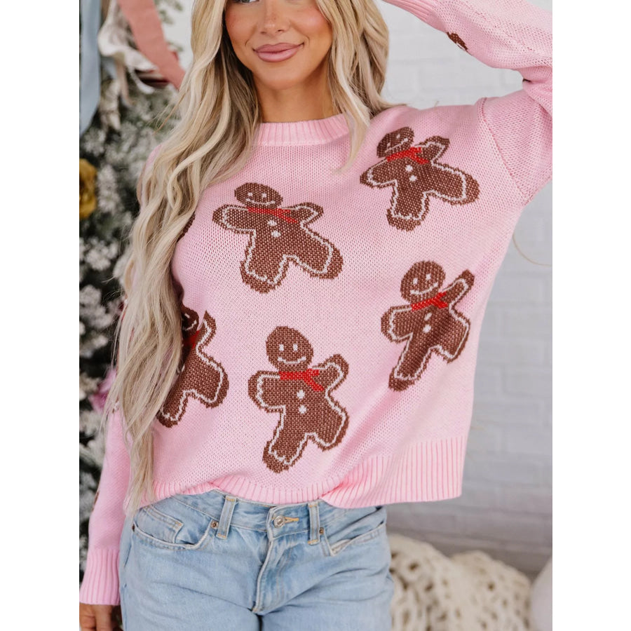 Gingerbread Pattern Round Neck Long Sleeve Shift Sweater Apparel and Accessories
