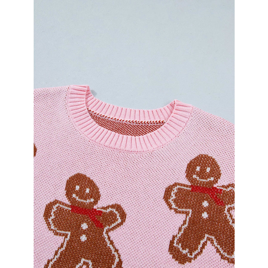 Gingerbread Pattern Round Neck Long Sleeve Shift Sweater Apparel and Accessories