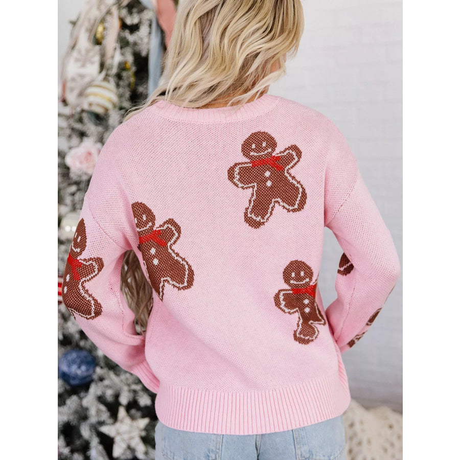 Gingerbread Pattern Round Neck Long Sleeve Shift Sweater Apparel and Accessories