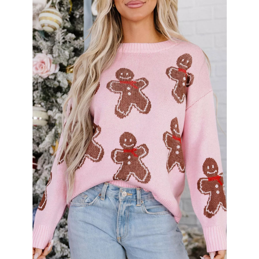 Gingerbread Pattern Round Neck Long Sleeve Shift Sweater Blush Pink / S Apparel and Accessories