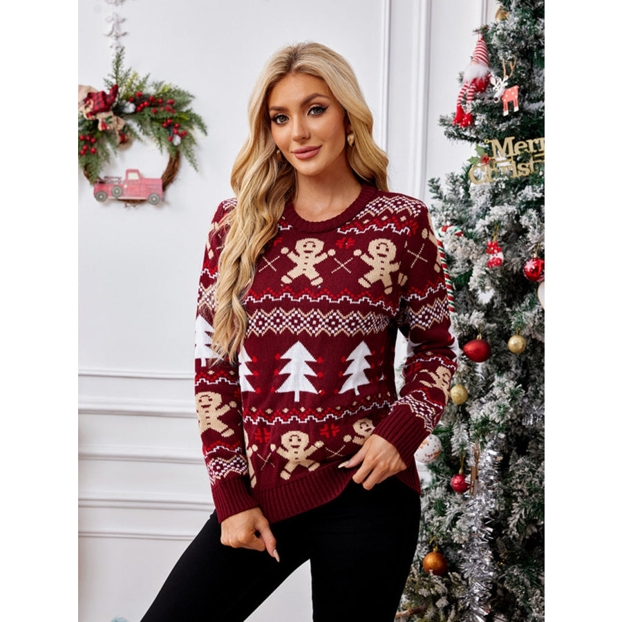 Gingerbread Round Neck Long Sleeve Sweater Apparel and Accessories