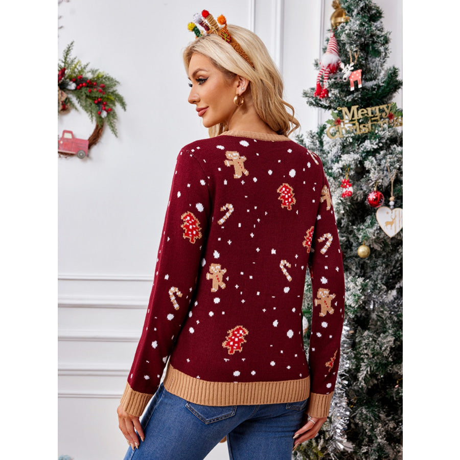 Gingerbread Round Neck Long Sleeve Sweater Apparel and Accessories