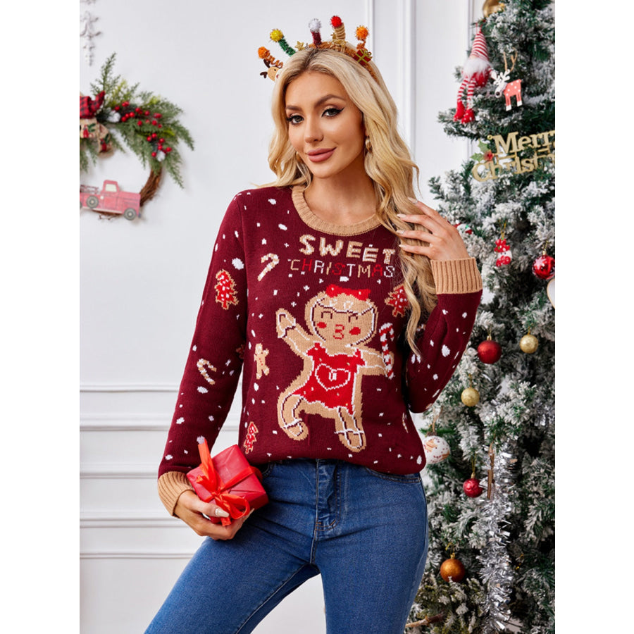 Gingerbread Round Neck Long Sleeve Sweater Apparel and Accessories