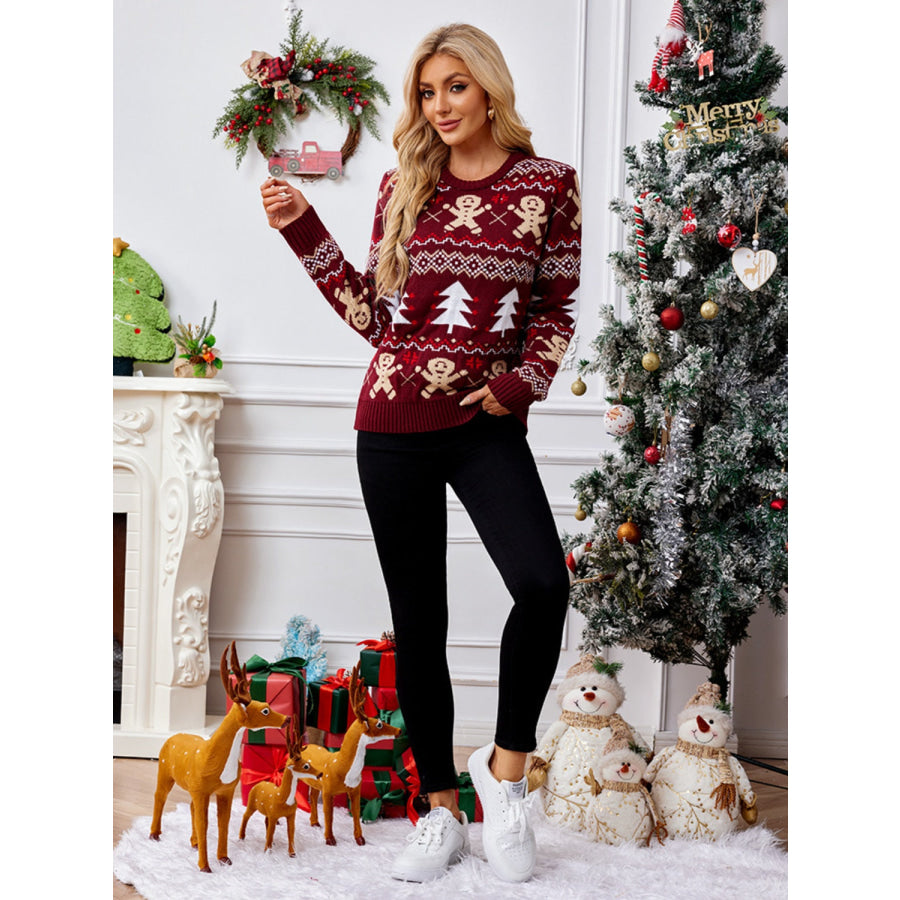 Gingerbread Round Neck Long Sleeve Sweater Apparel and Accessories