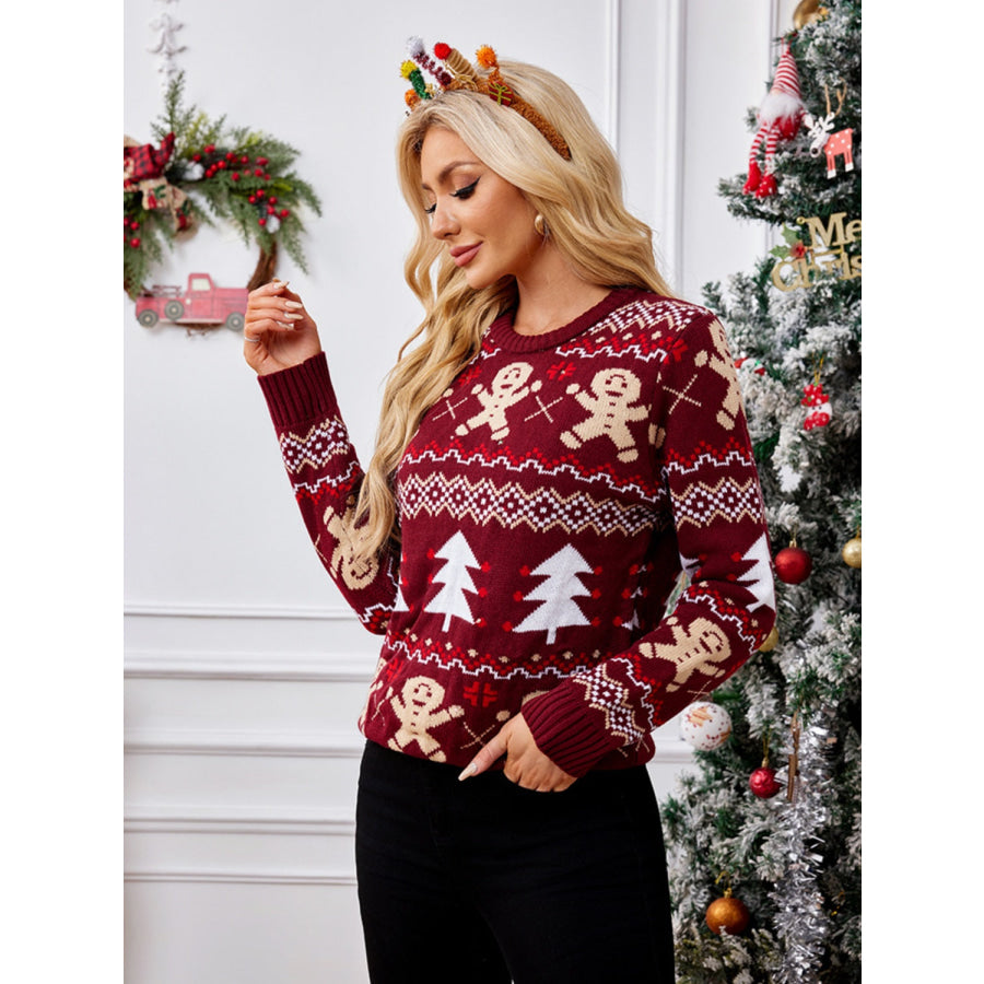 Gingerbread Round Neck Long Sleeve Sweater Apparel and Accessories