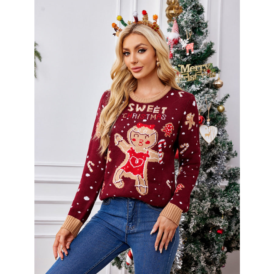 Gingerbread Round Neck Long Sleeve Sweater Apparel and Accessories