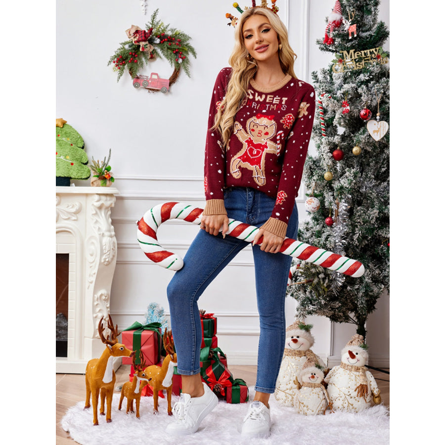 Gingerbread Round Neck Long Sleeve Sweater Apparel and Accessories