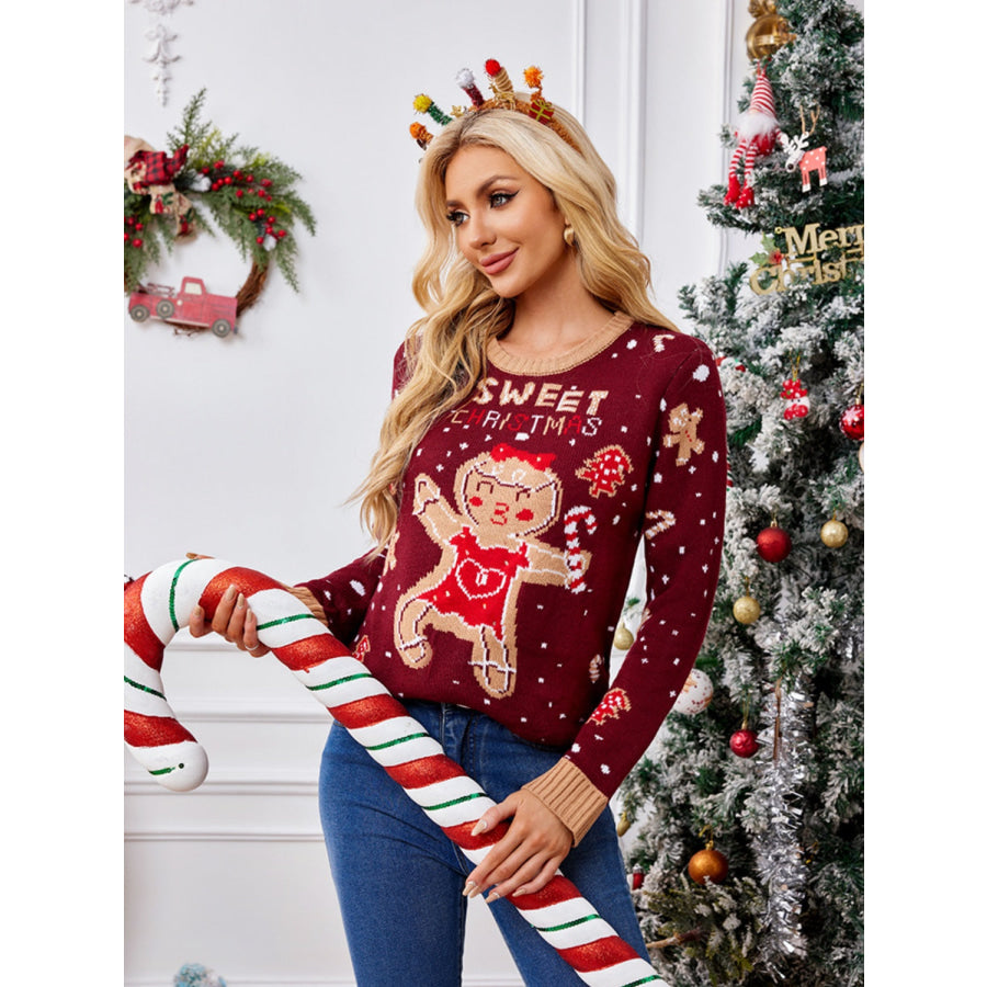 Gingerbread Round Neck Long Sleeve Sweater Apparel and Accessories