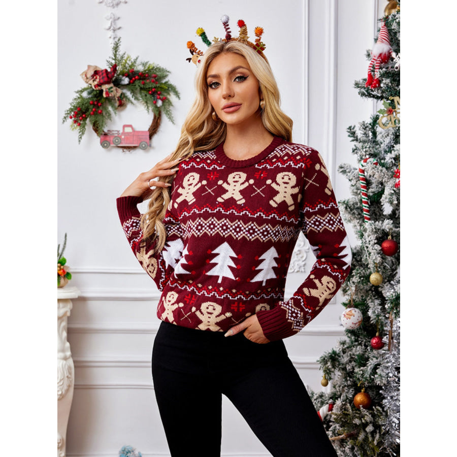 Gingerbread Round Neck Long Sleeve Sweater Burgundy / S Apparel and Accessories