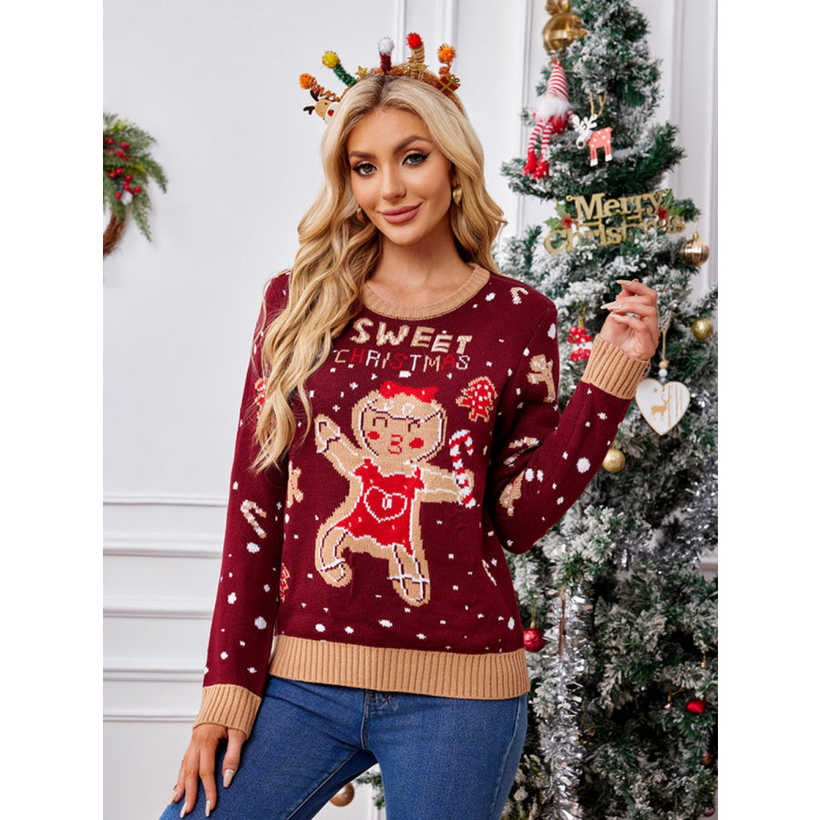 Gingerbread Round Neck Long Sleeve Sweater Burgundy / S Apparel and Accessories