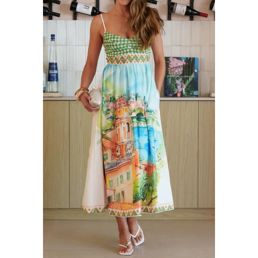 Gingham Bodice Scenic Print Midi Dress Apparel and Accessories