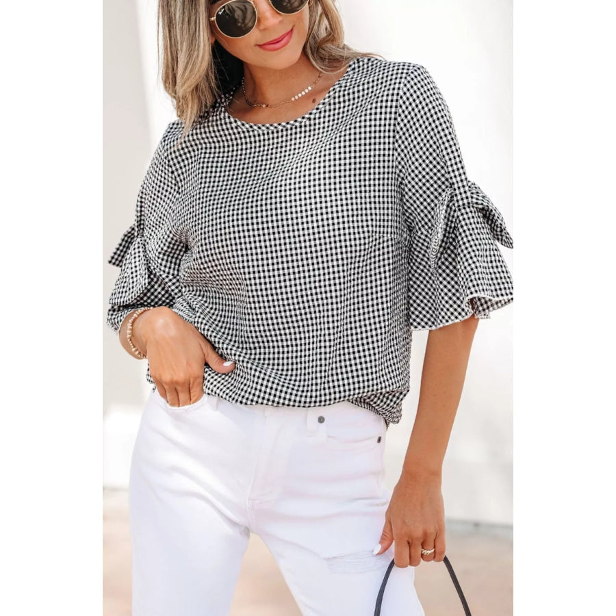 Gingham Bow Half Sleeve Blouse Apparel and Accessories