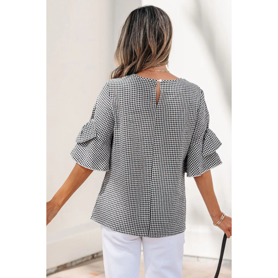 Gingham Bow Half Sleeve Blouse Apparel and Accessories