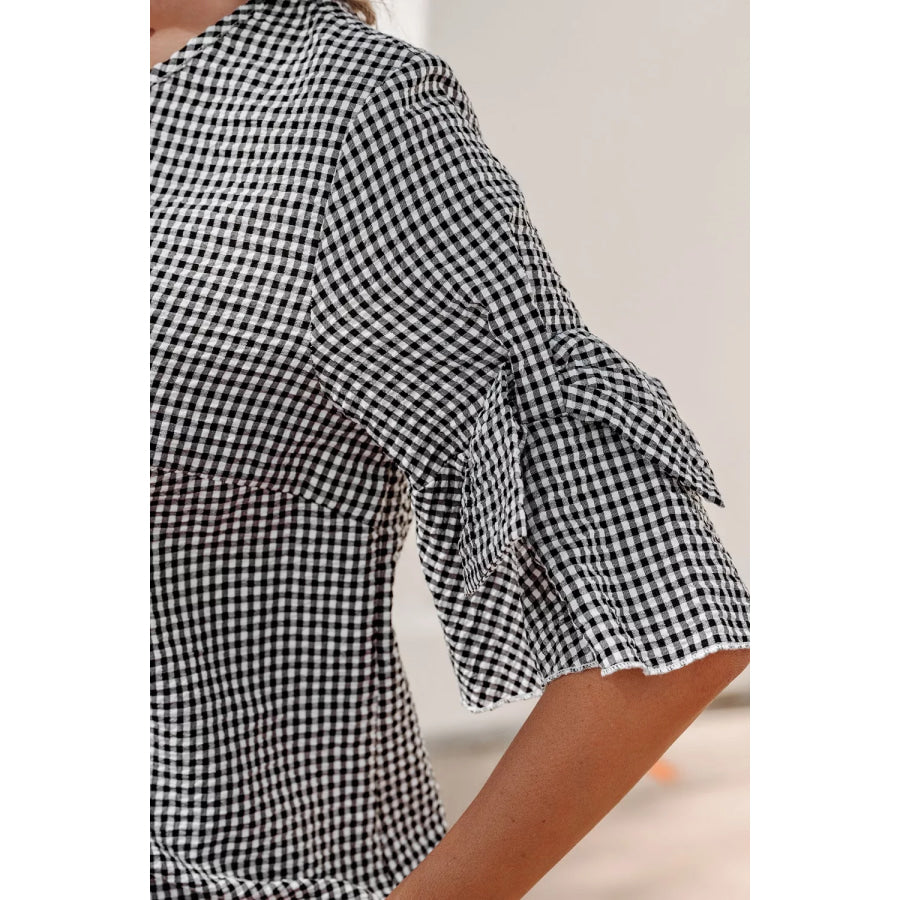 Gingham Bow Half Sleeve Blouse Apparel and Accessories