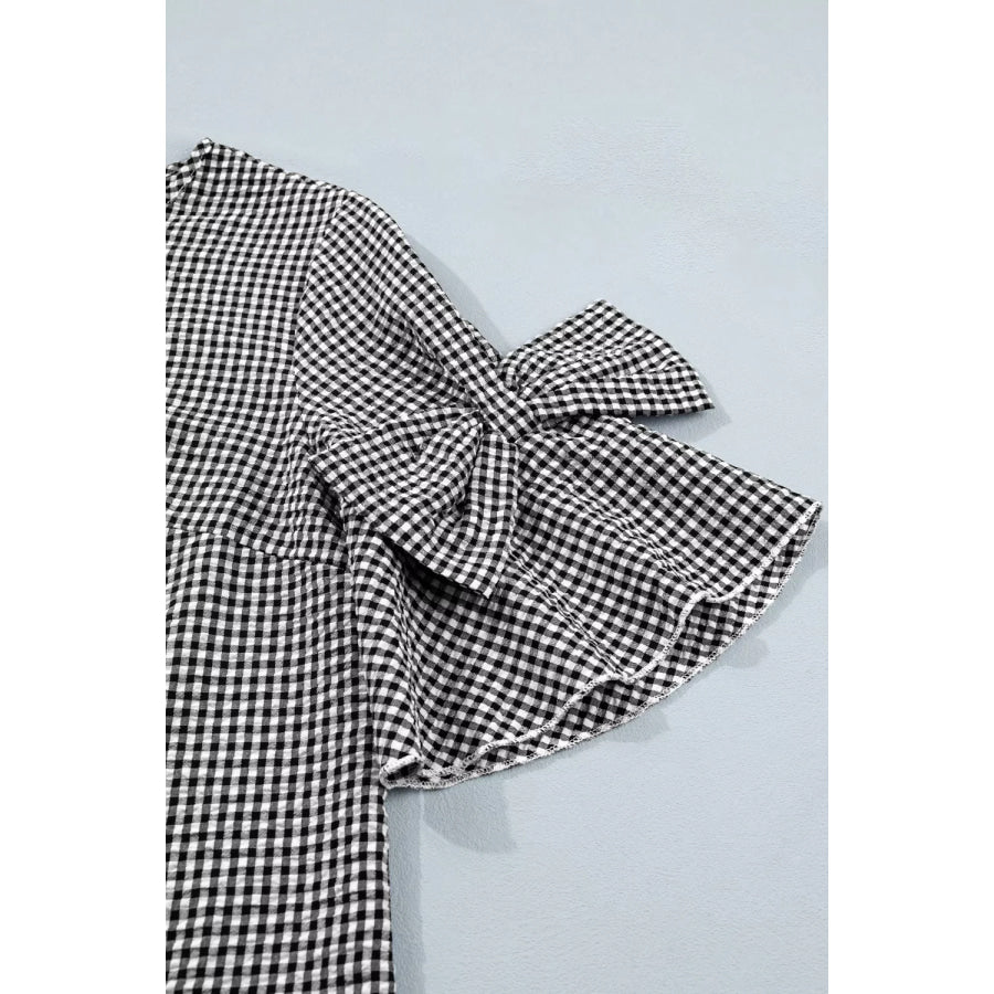 Gingham Bow Half Sleeve Blouse Apparel and Accessories