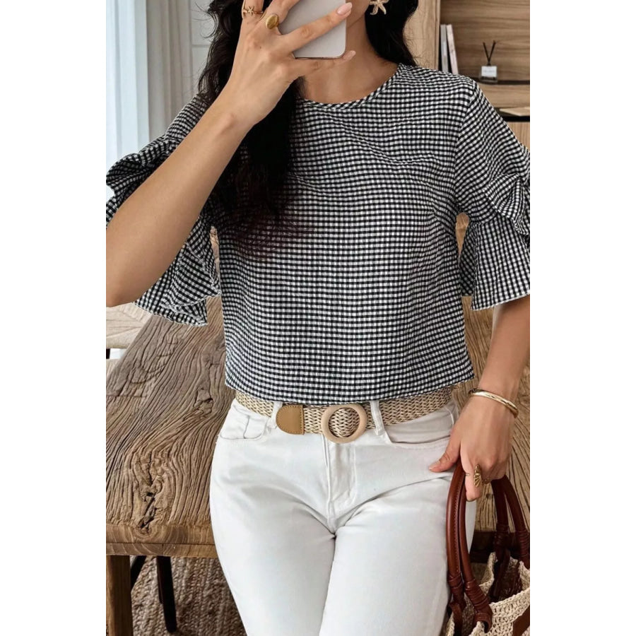 Gingham Bow Half Sleeve Blouse Apparel and Accessories