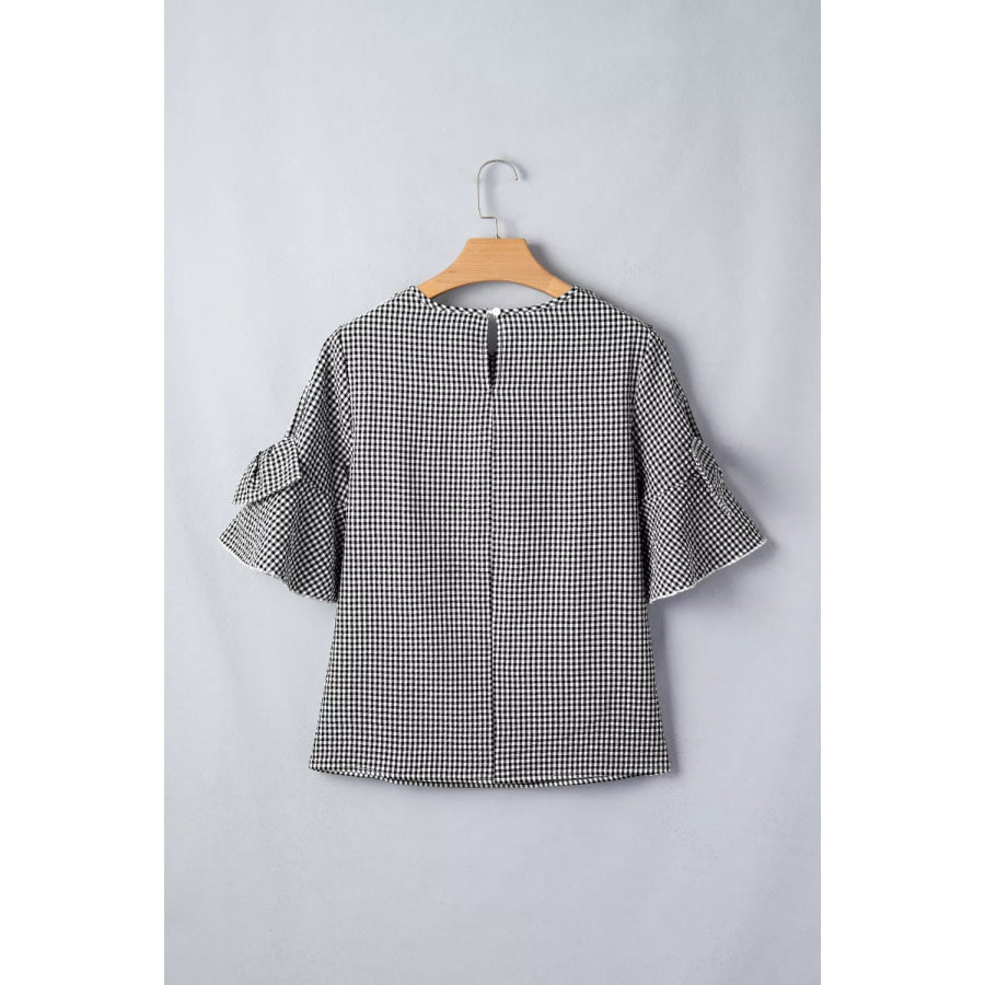 Gingham Bow Half Sleeve Blouse Apparel and Accessories