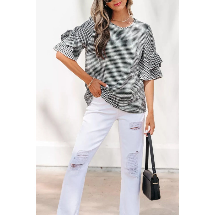 Gingham Bow Half Sleeve Blouse Apparel and Accessories