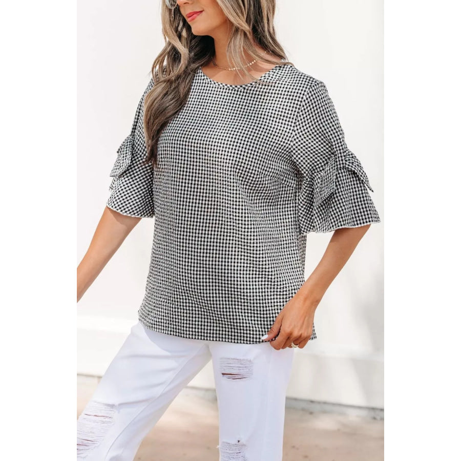 Gingham Bow Half Sleeve Blouse Apparel and Accessories