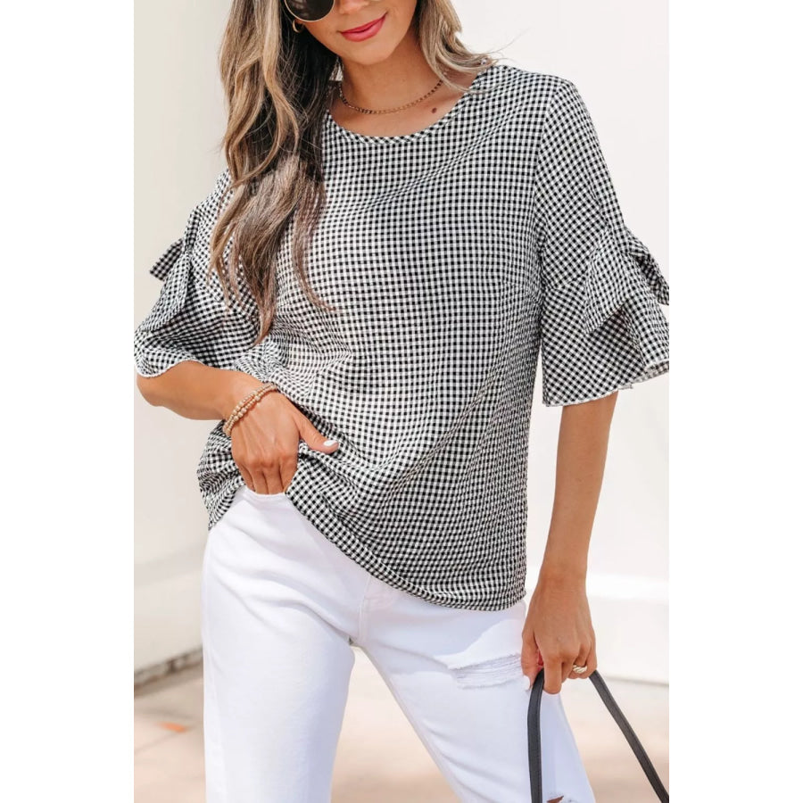 Gingham Bow Half Sleeve Blouse Apparel and Accessories