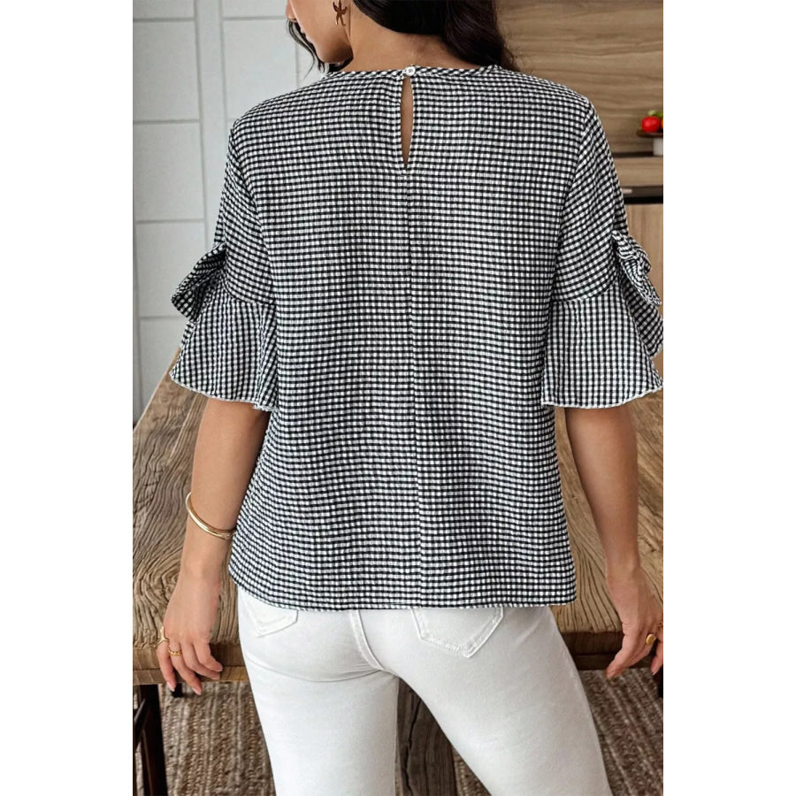 Gingham Bow Half Sleeve Blouse Apparel and Accessories