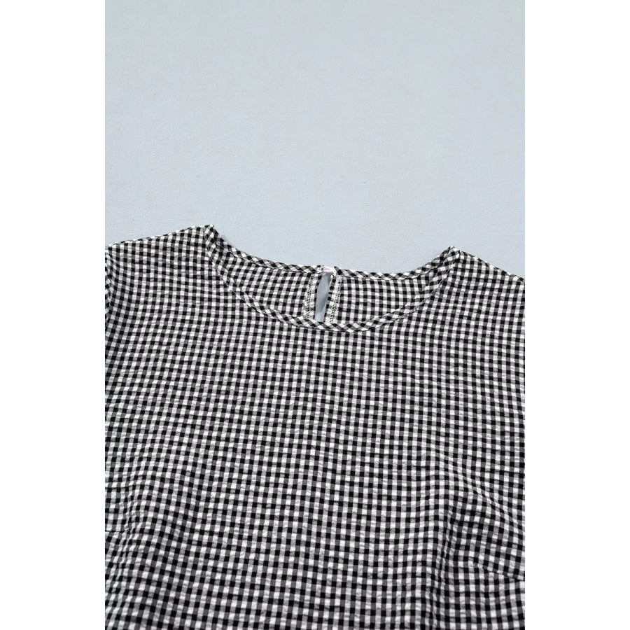 Gingham Bow Half Sleeve Blouse Apparel and Accessories
