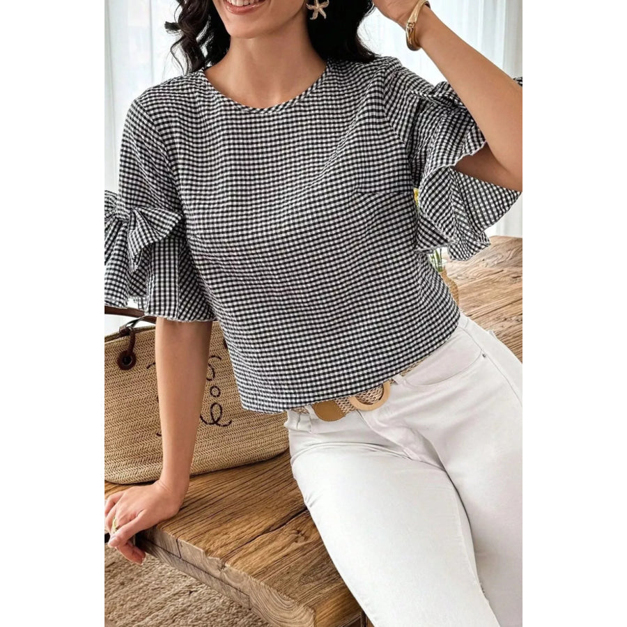 Gingham Bow Half Sleeve Blouse Black / S Apparel and Accessories