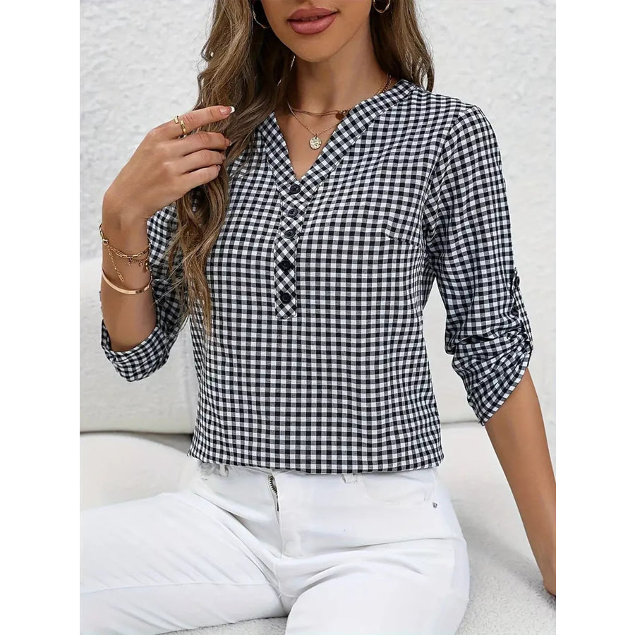 Gingham Button Detail Blouse Apparel and Accessories