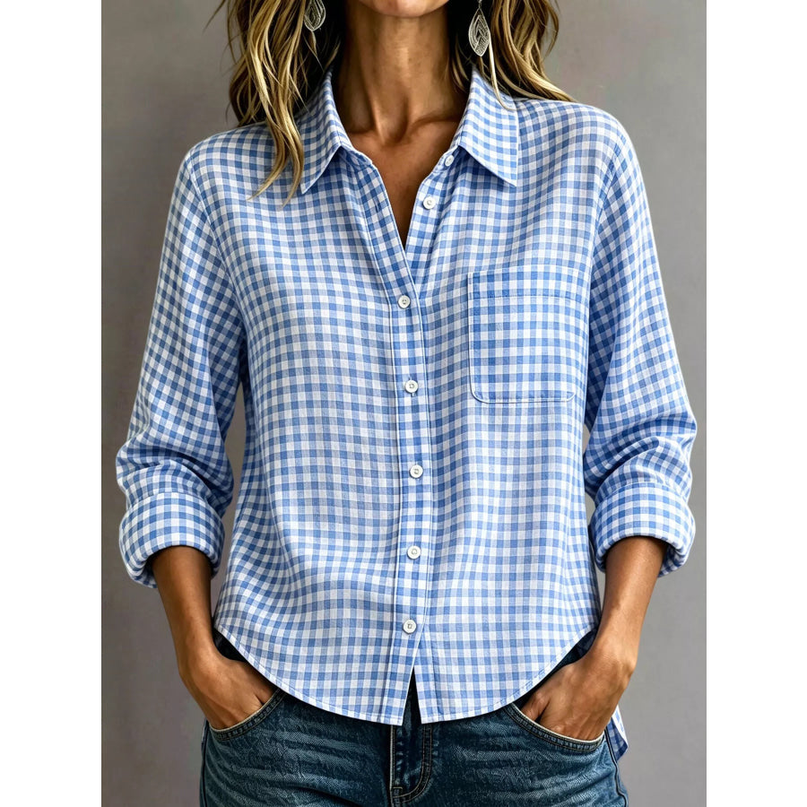Gingham Button-Down Long Sleeve Shirt Light Blue / XS Apparel and Accessories