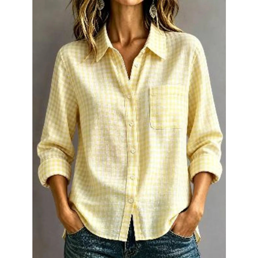 Gingham Button-Down Long Sleeve Shirt Pastel Yellow / XS Apparel and Accessories