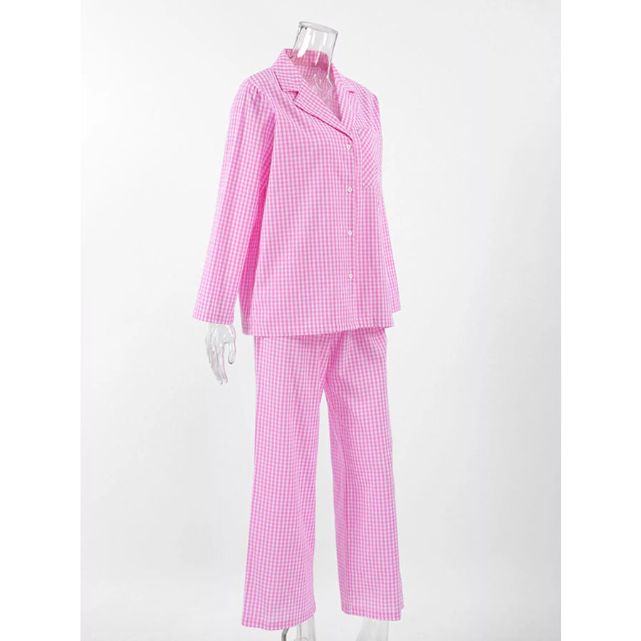 Gingham Button-Down Top and Pants Loungewear Set Apparel and Accessories