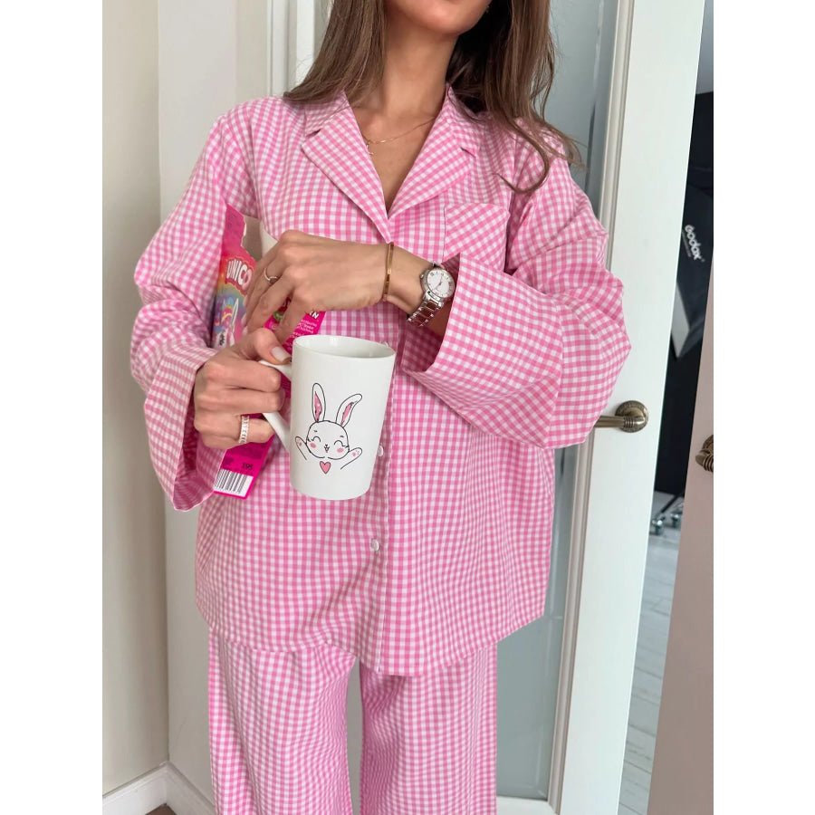 Gingham Button-Down Top and Pants Loungewear Set Apparel and Accessories