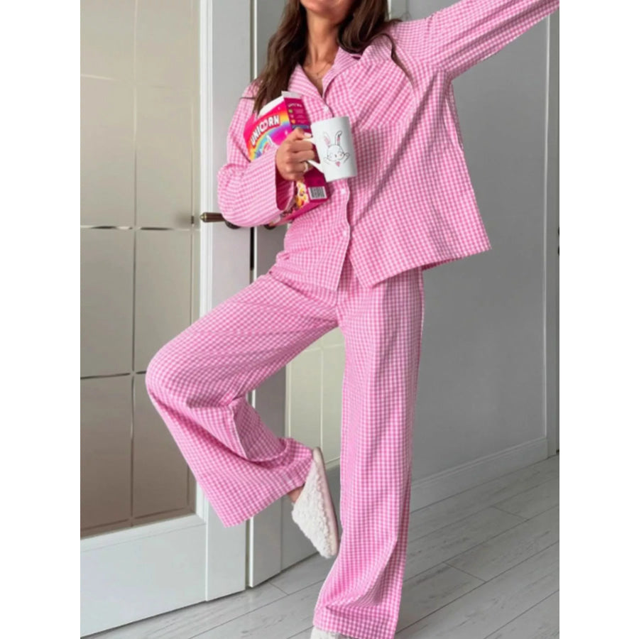 Gingham Button-Down Top and Pants Loungewear Set Fuchsia Pink / S Apparel and Accessories