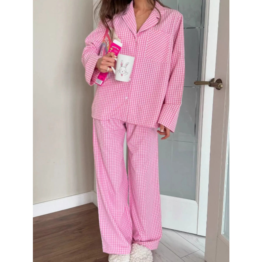 Gingham Button-Down Top and Pants Loungewear Set Apparel and Accessories