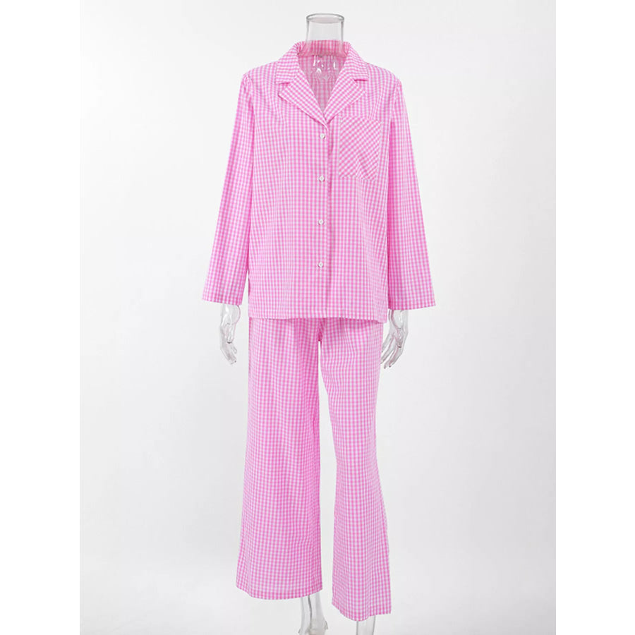 Gingham Button-Down Top and Pants Loungewear Set Apparel and Accessories