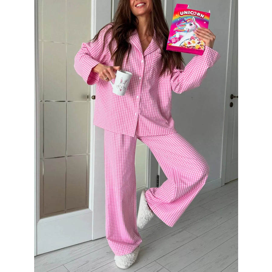 Gingham Button-Down Top and Pants Loungewear Set Fuchsia Pink / S Apparel and Accessories