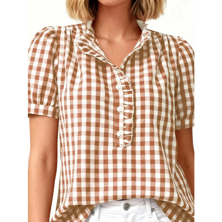 Gingham Button Front Puff Sleeve Blouse Apparel and Accessories