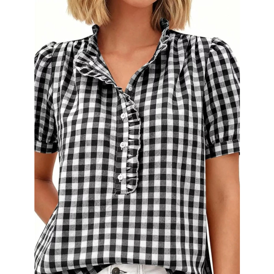 Gingham Button Front Puff Sleeve Blouse Apparel and Accessories