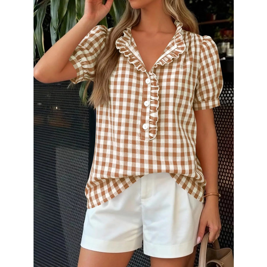 Gingham Button Front Puff Sleeve Blouse Apparel and Accessories