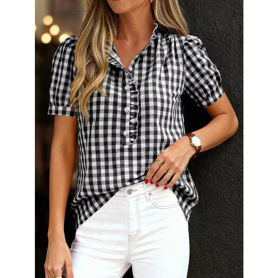 Gingham Button Front Puff Sleeve Blouse Apparel and Accessories