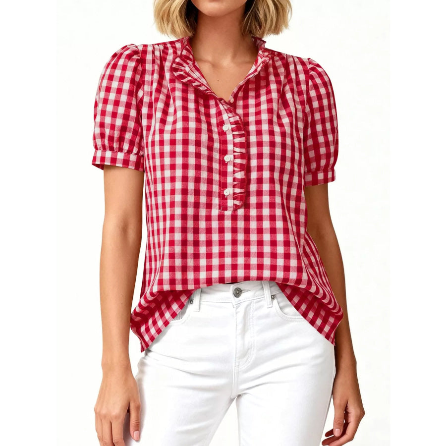 Gingham Button Front Puff Sleeve Blouse Apparel and Accessories