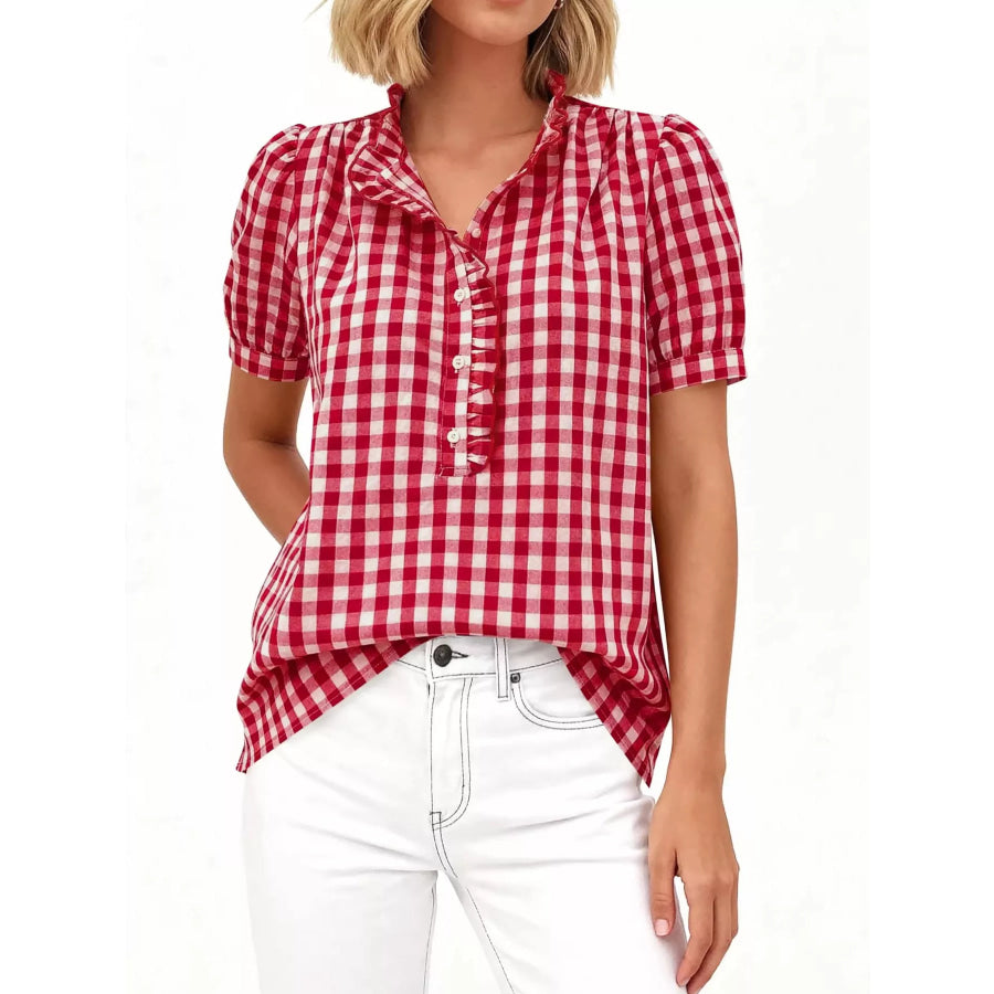 Gingham Button Front Puff Sleeve Blouse Apparel and Accessories