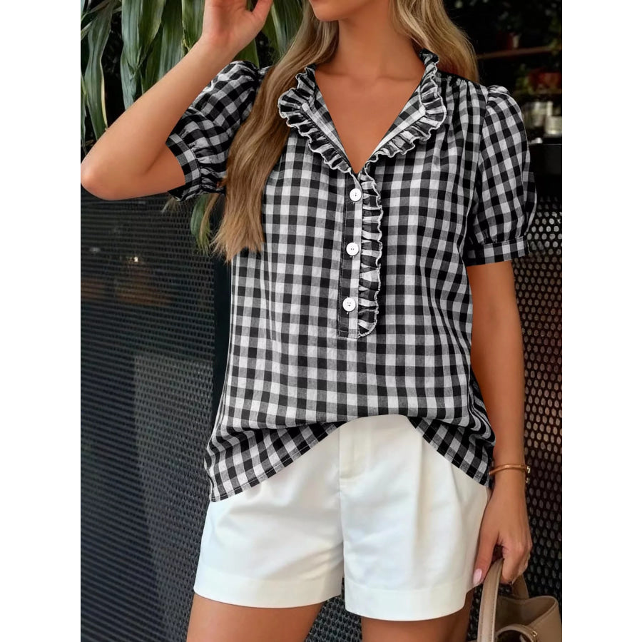 Gingham Button Front Puff Sleeve Blouse Black / S Apparel and Accessories