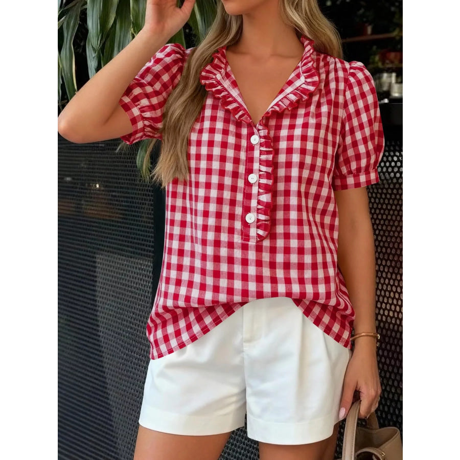 Gingham Button Front Puff Sleeve Blouse Red / S Apparel and Accessories