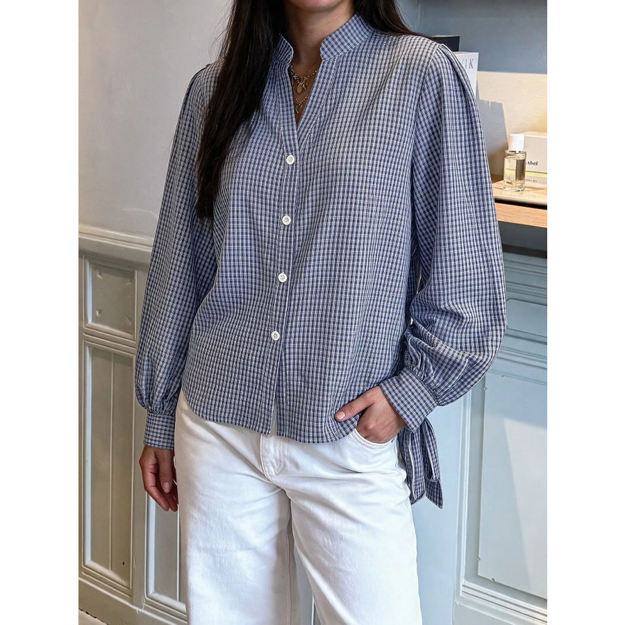 Gingham Button Up Shirt with Tie-Sleeve Detail Apparel and Accessories