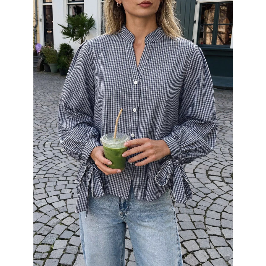Gingham Button Up Shirt with Tie-Sleeve Detail Apparel and Accessories