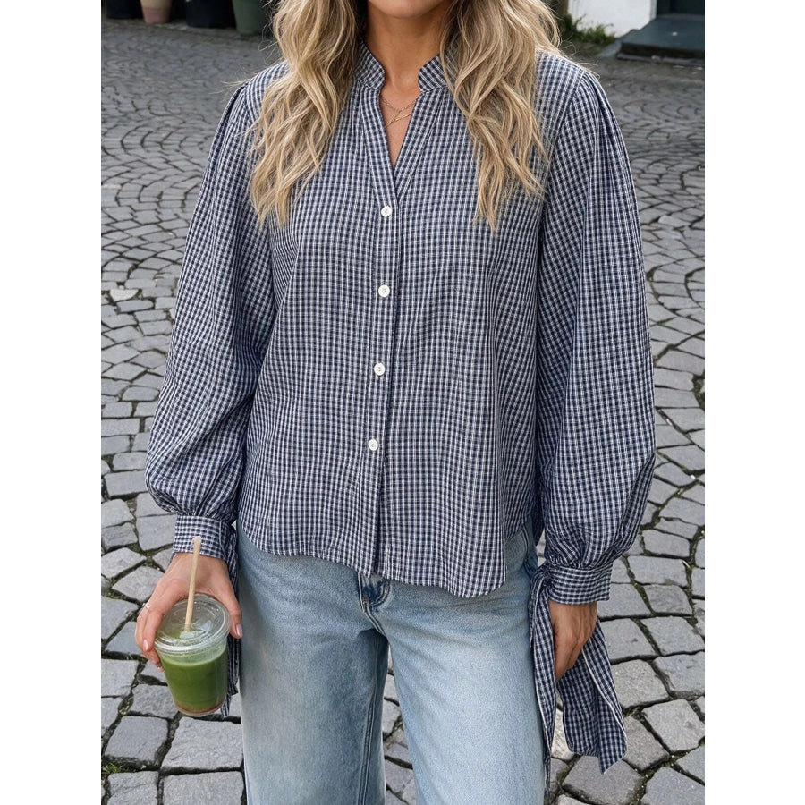 Gingham Button Up Shirt with Tie-Sleeve Detail Apparel and Accessories